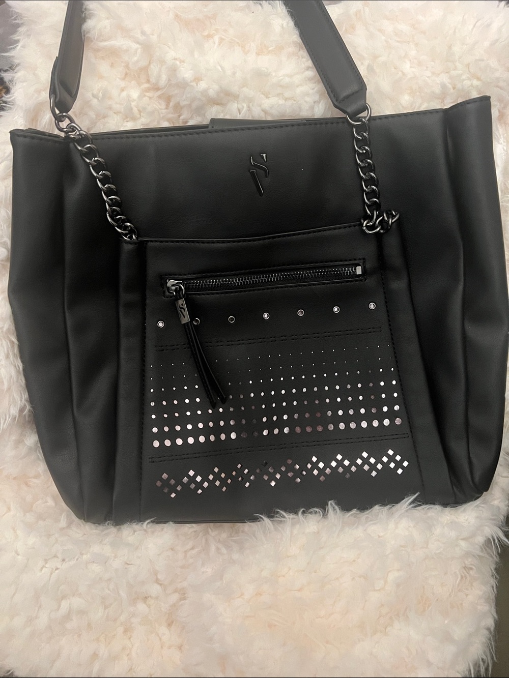 Vera Wang Black Laser-Cut Tote with Chain Handles